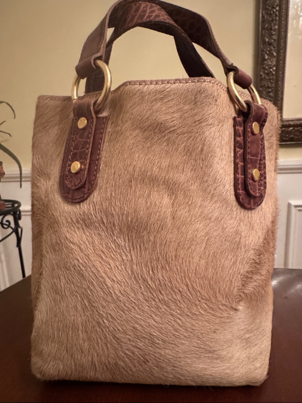 Maurizio Taiuti Women’s Beige Haircalf Tote Bag with Brown Trim